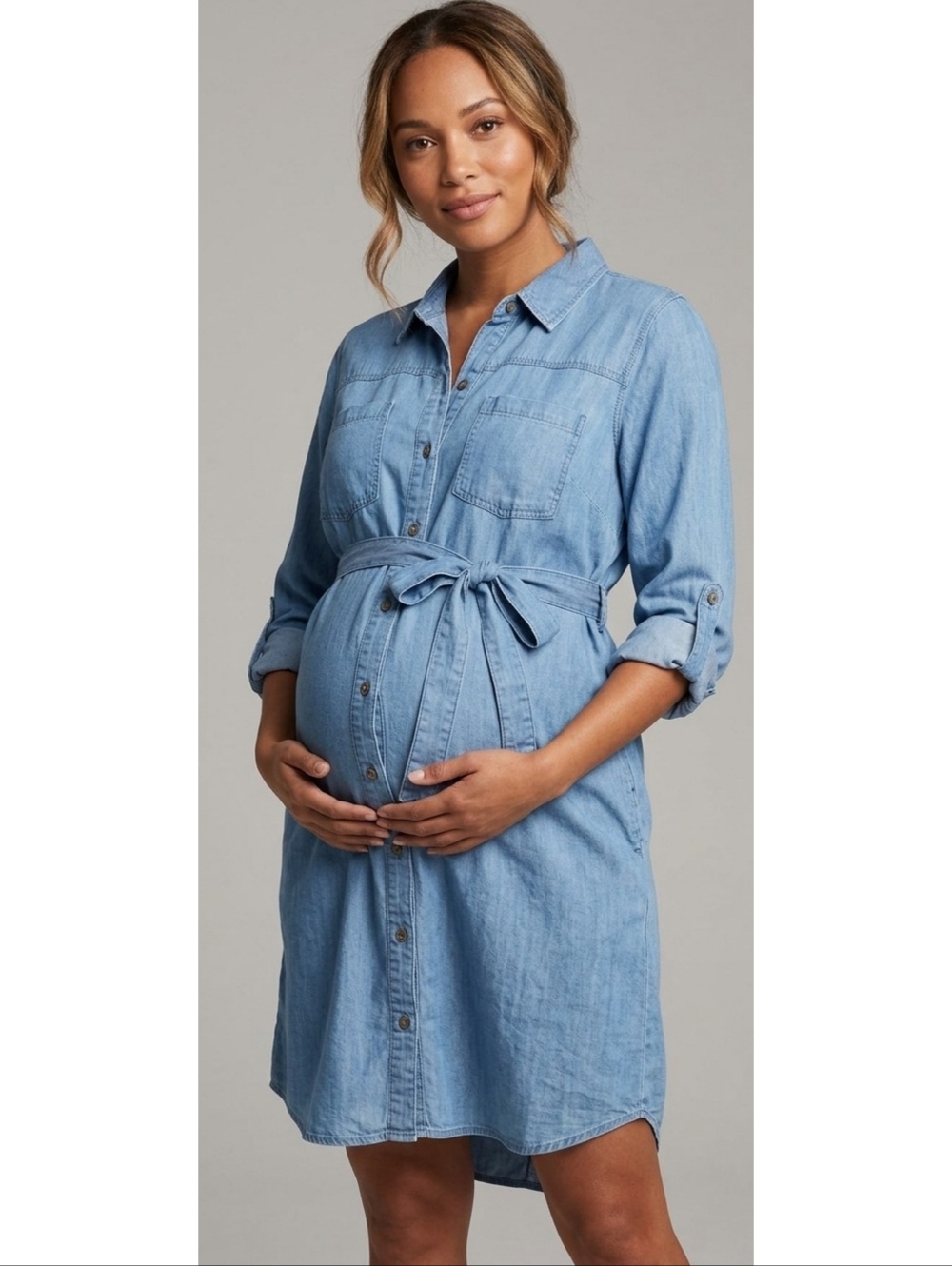 Motherhood Maternity Denim Belted Shirtdress Light wash Size S